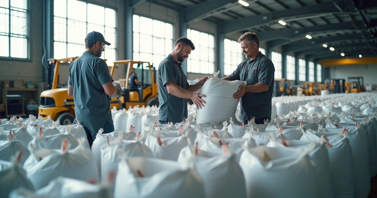 Big bags sendo armazenados de forma adequada após uso 