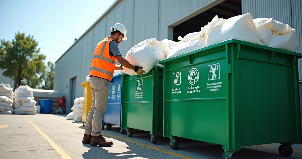 Funcionário colocando big bag limpo em contêiner de reciclagem identificado 