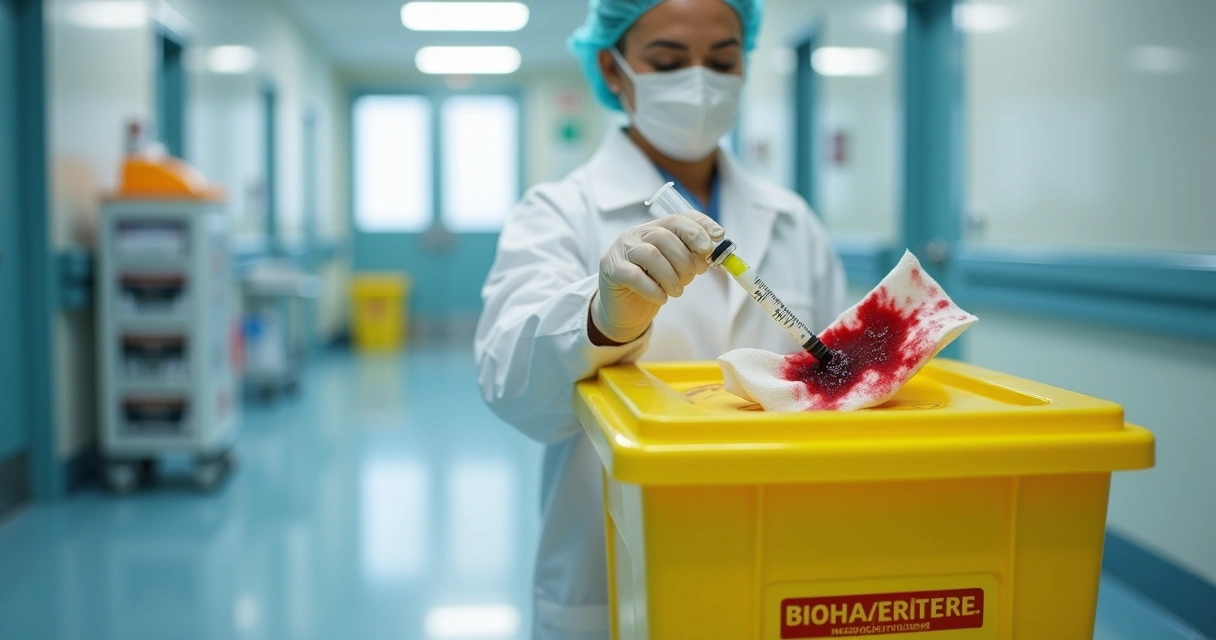 Funcionário hospitalar fazendo descarte de lixo infectante em recipiente apropriado 