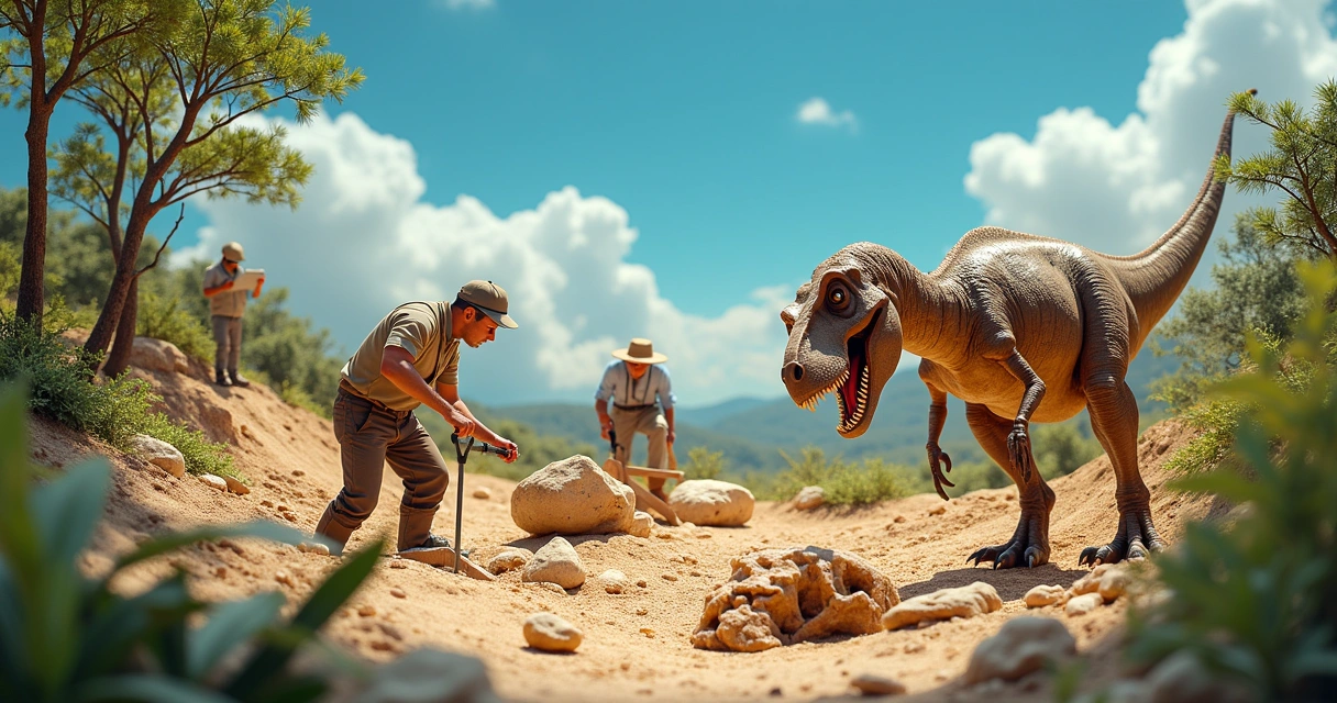 Diorama da descoberta de fósseis do T-Rex, com paleontólogo escavando, vegetação pré-histórica e dia ensolarado.