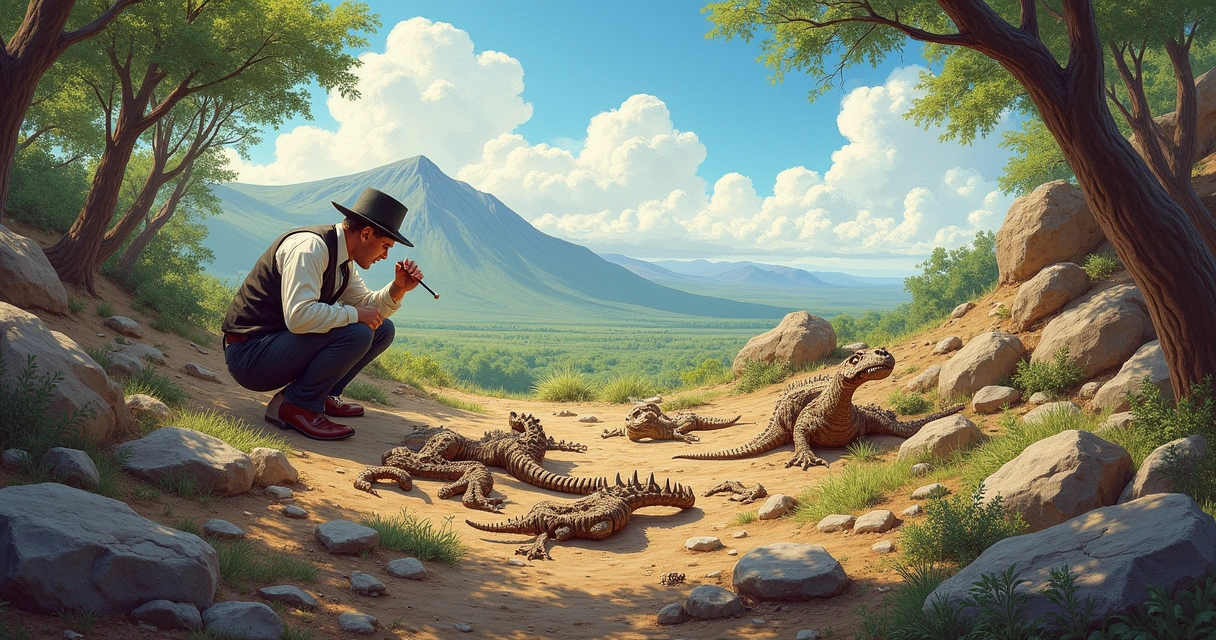 Ilustração de paleontólogo descobrindo fósseis de Camarassauro em Wyoming no século XIX.