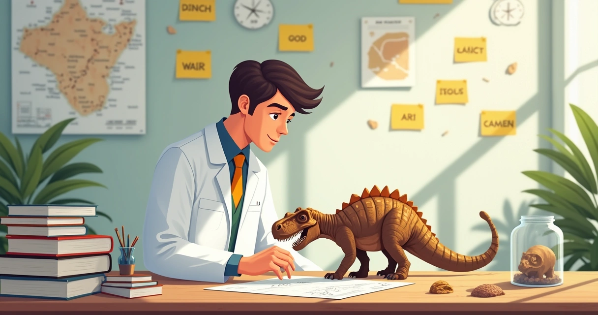 Pessoa examinando fóssil de dinossauro em laboratório 
