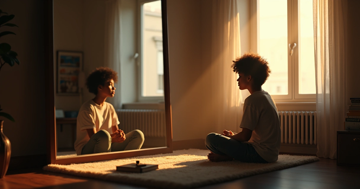 Pessoa refletindo diante do espelho, cara pensativa 