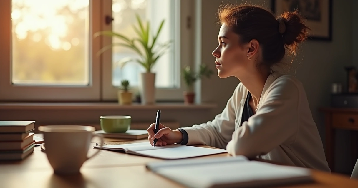 Pessoa refletindo diante de caderno em ambiente tranquilo