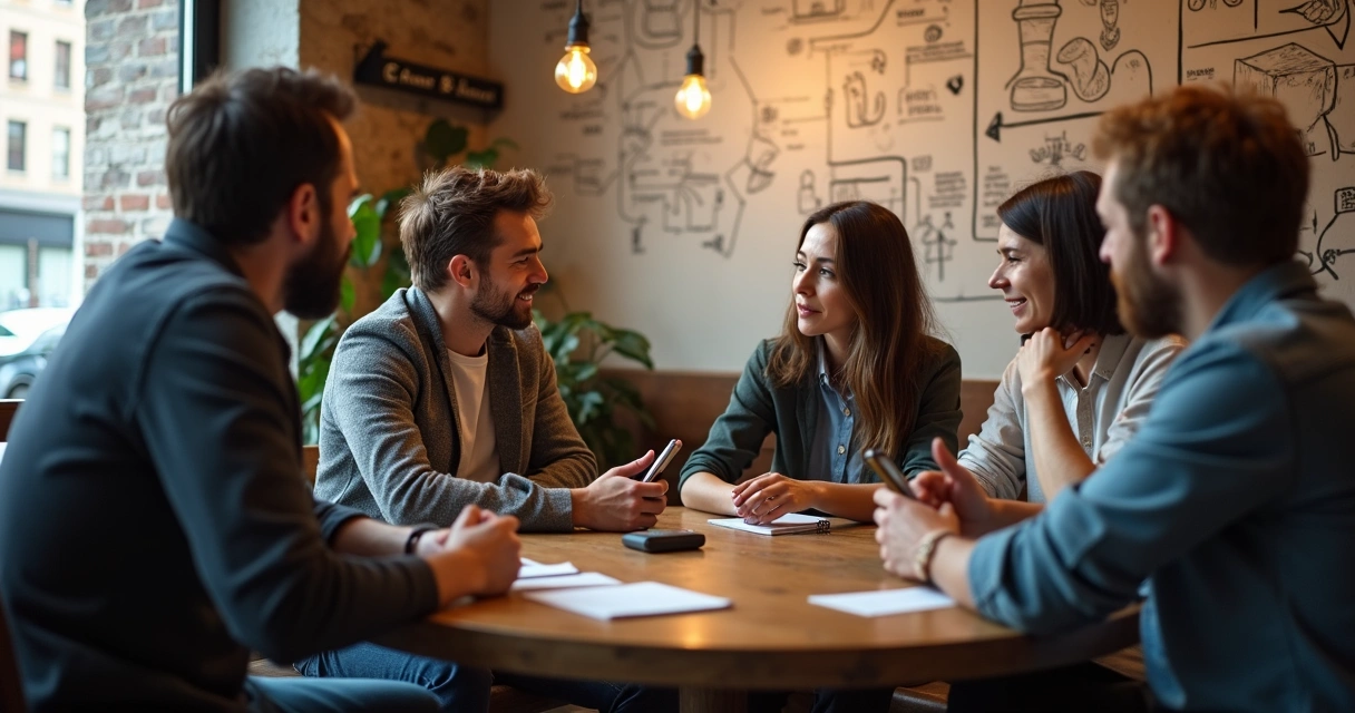 Empreendedores conversando com consumidores em entrevistas presenciais