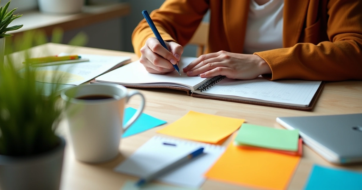 Pessoa sentada à mesa escrevendo ideias em um caderno com vários post-its coloridos e objetos de trabalho ao redor 