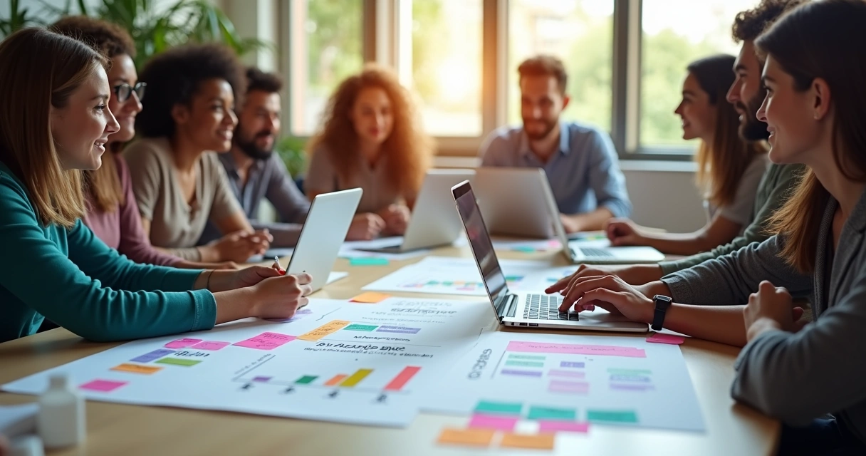 Pessoas reunidas analisando gráficos e habilidades profissionais