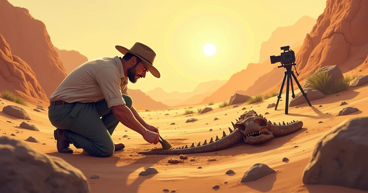 Escavação de fóssil por paleontólogo em cenário similar ao cinema 