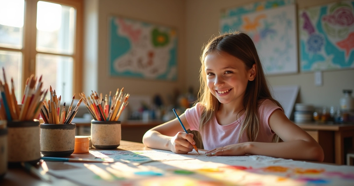 Estudante empolgado pintando em sala de aula cheia de materiais. 