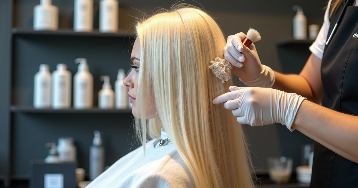Profissional aplicando pó descolorante em cabelo em salão 