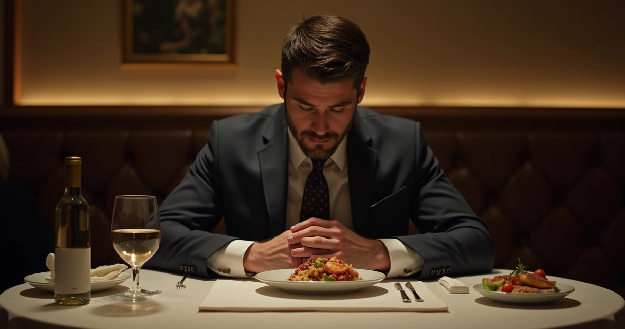 Executivo jantando sozinho e pensando, ambiente relaxante com luz baixa 