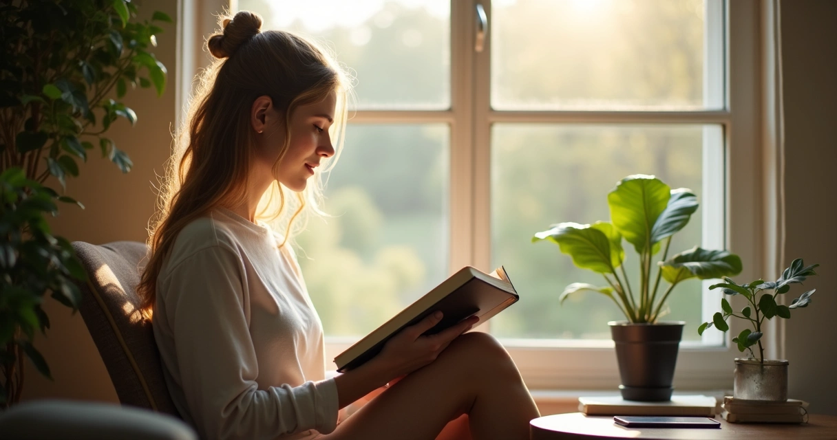 Pessoa sentada olhando pela janela segurando um livro com smartphone desligado ao lado 
