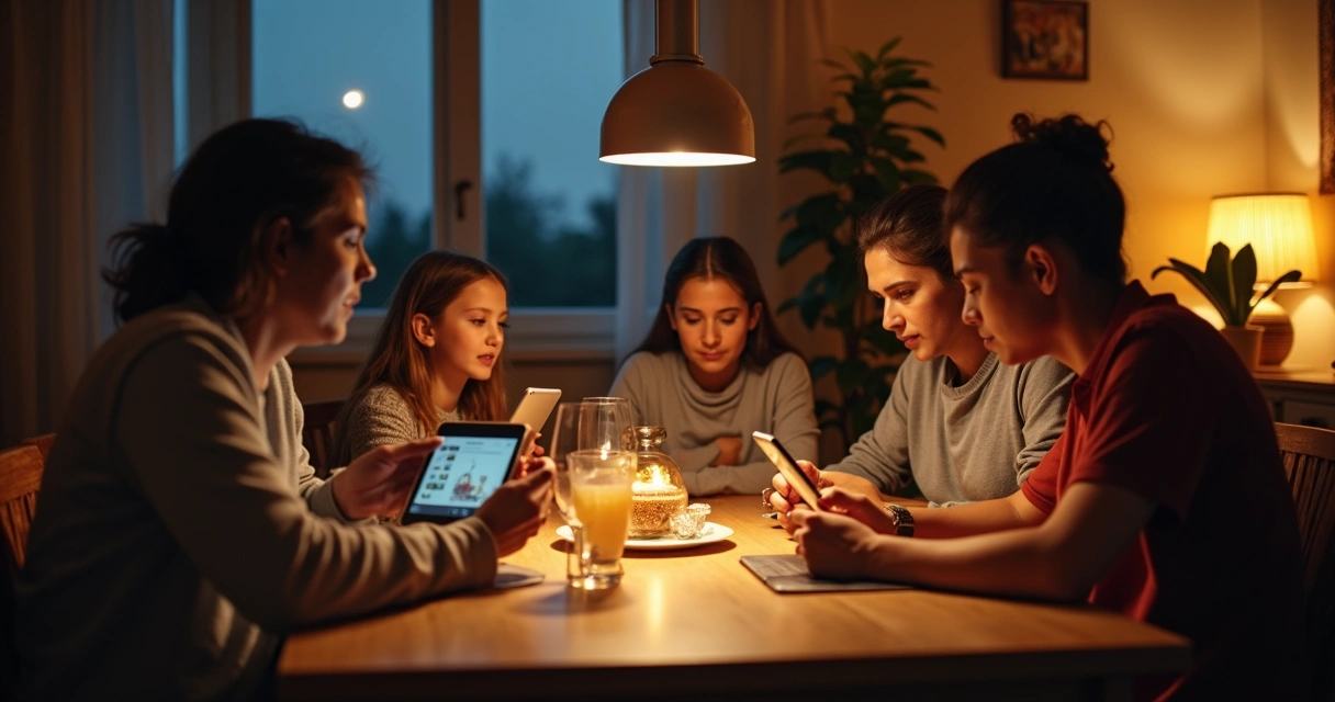 Família reunida à mesa, cada um usando seus aparelhos digitais, expressões sérias