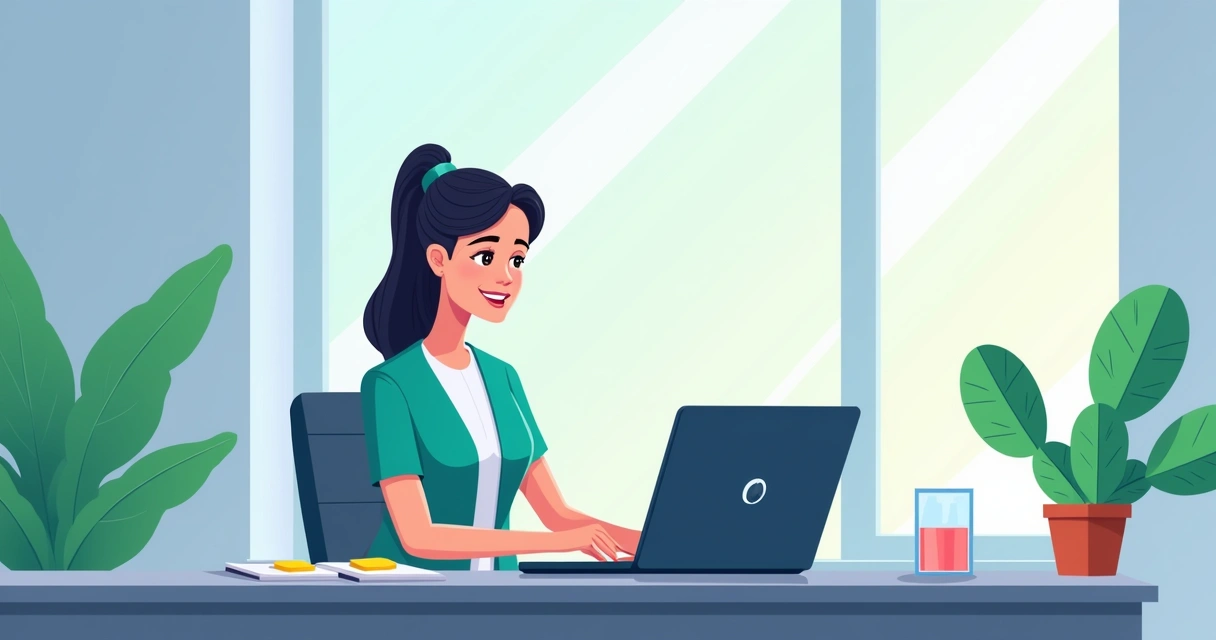 Profissional fechando laptop e sorrindo ao olhar para janela 