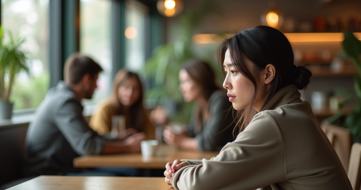 Pessoa em meio a um grupo parecendo desconectada e pensativa 