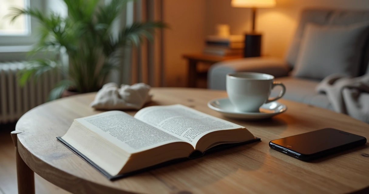 Mesa com livro aberto, xícara de café e celular afastado sobre almofada 