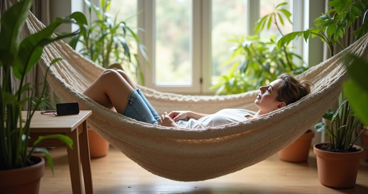Pessoa deitada relaxando em rede com celular afastado ao lado, ambiente tranquilo com plantas 