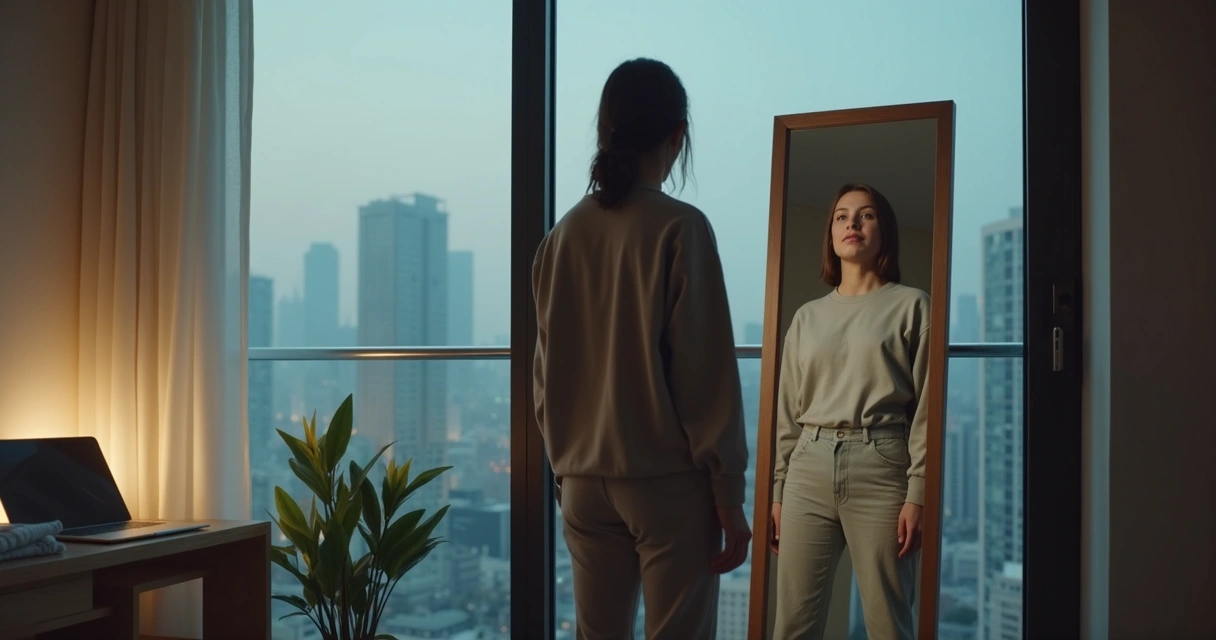 Persona se mira al espejo con reflejo distorsionado en una ciudad borrosa 