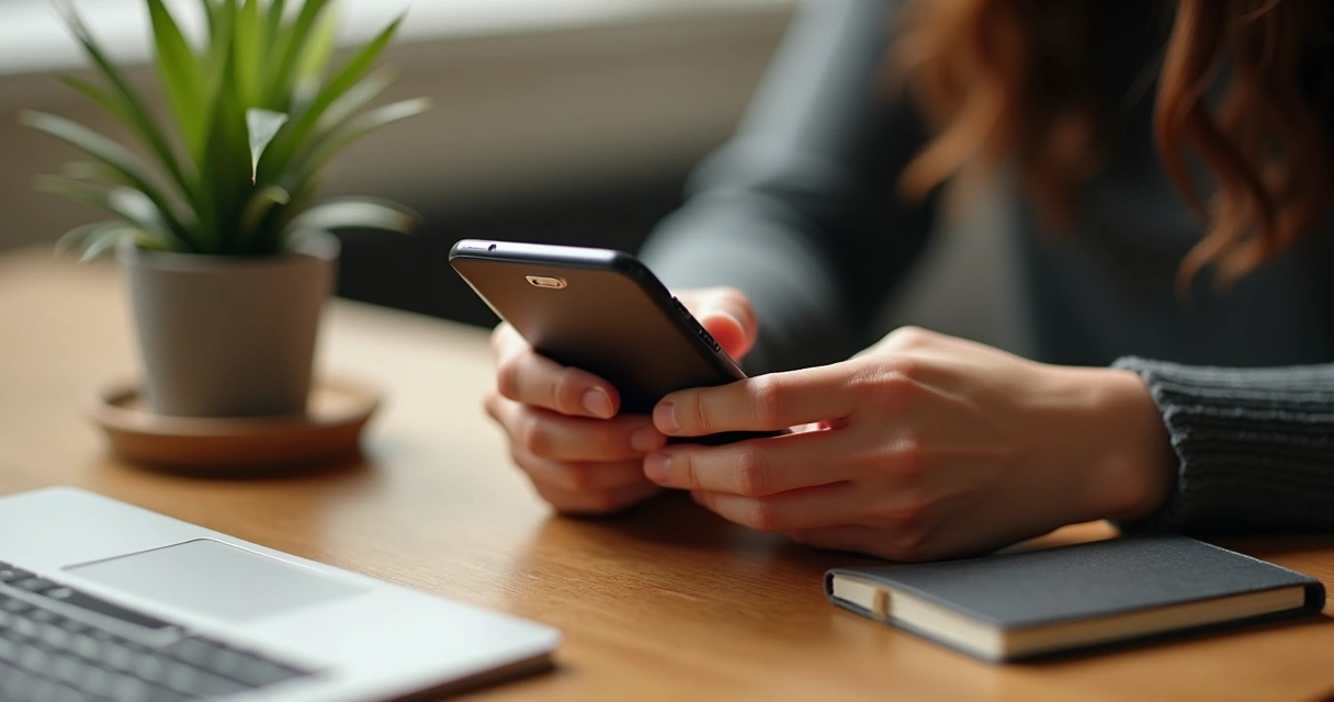 Manos dejando un teléfono móvil sobre una mesa de madera, cerca de una planta y una libreta.