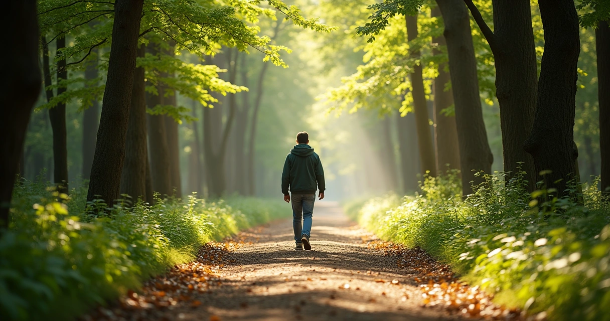 Persona caminando por el bosque sin dispositivo móvil 