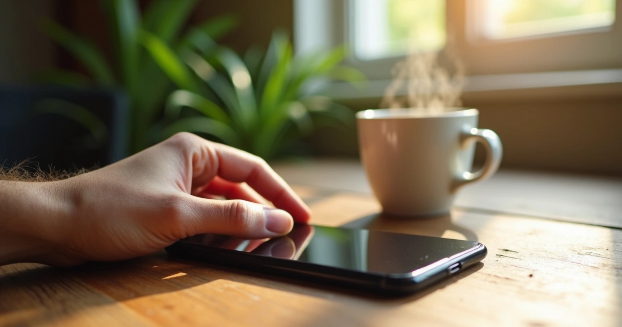 Persona dejando el móvil a un lado en una mesa de madera