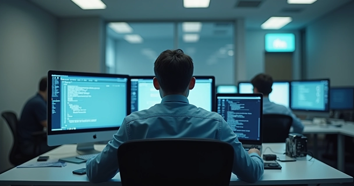 Persona con rostro neutro rodeada de pantallas y comunicaciones digitales 