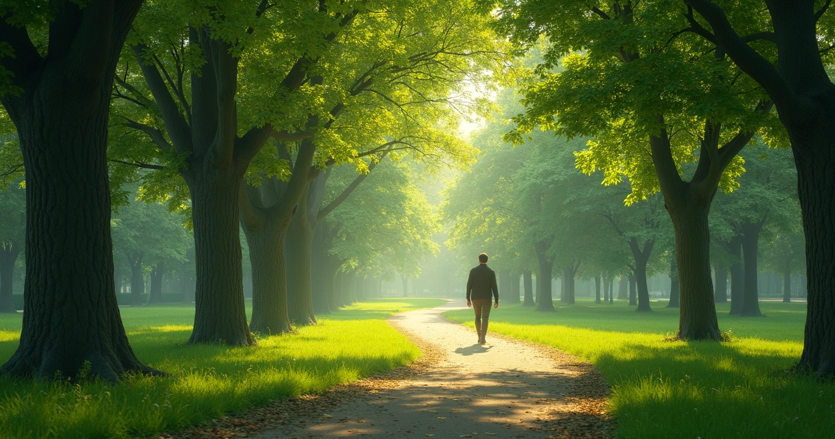 Persona caminando en parque rodeada de árboles y luz natural 