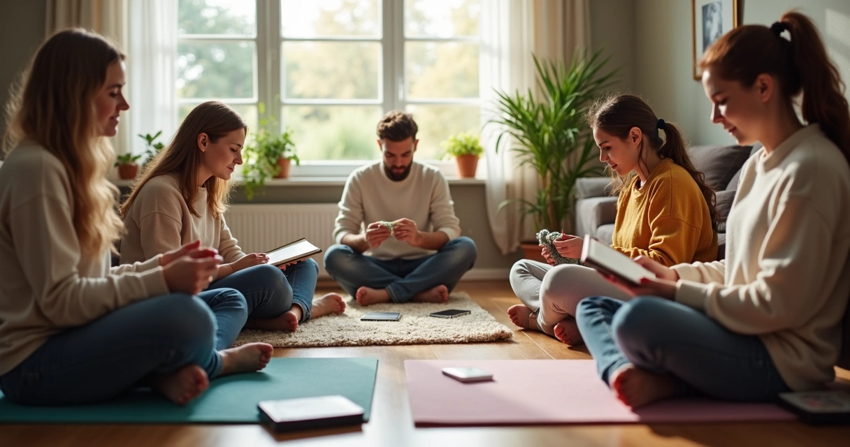 Personas sentadas en sala sin usar dispositivos 