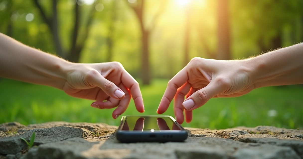 Manos adultas dejando un teléfono móvil sobre piedra en paisaje verde