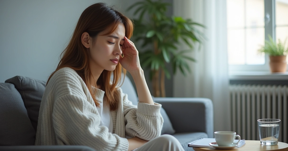 Mulher sentada no sofá com leve desconforto segurando a cabeça 