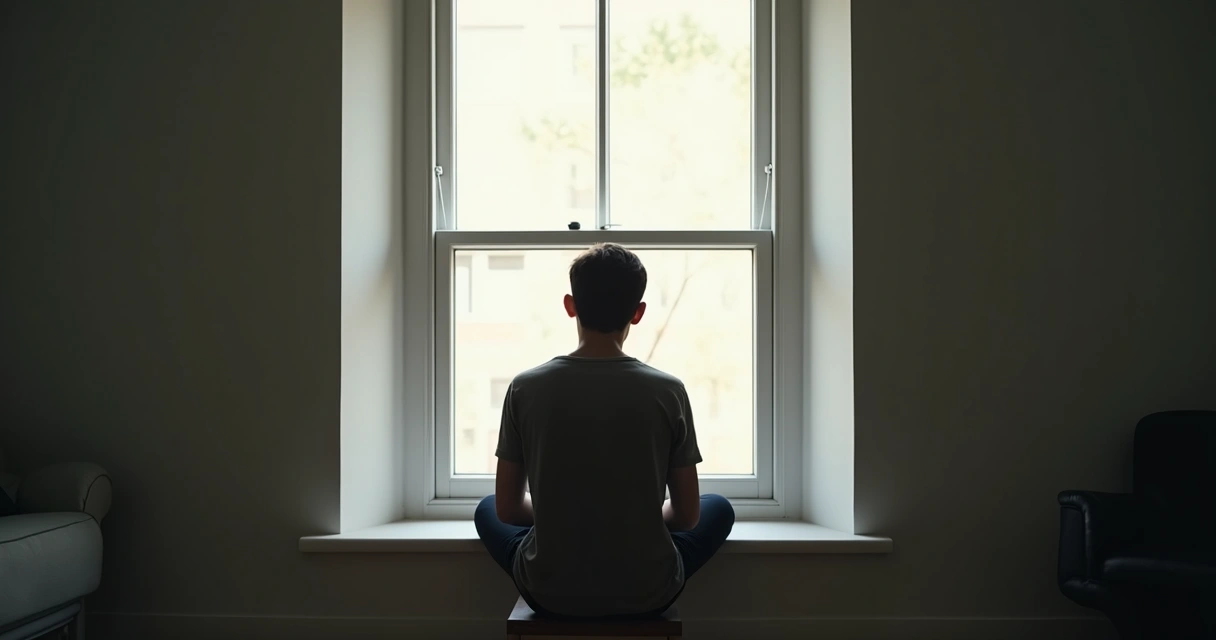 Pessoa sozinha olhando pela janela, expressão reflexiva