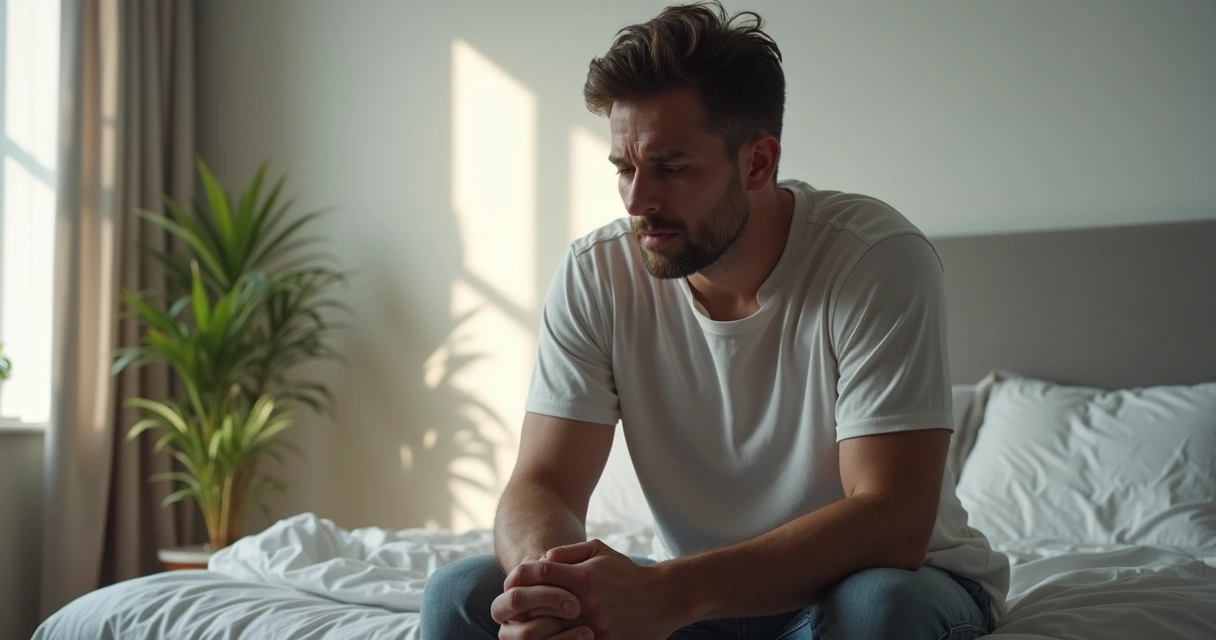 Homem sentado na borda da cama olhando para baixo pensativo 