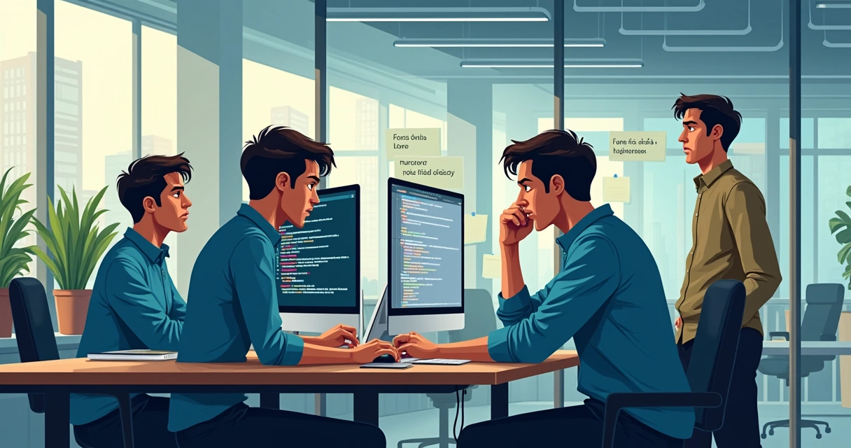 Profissionais olhando para telas, alguns preocupados, ambiente técnico moderno.