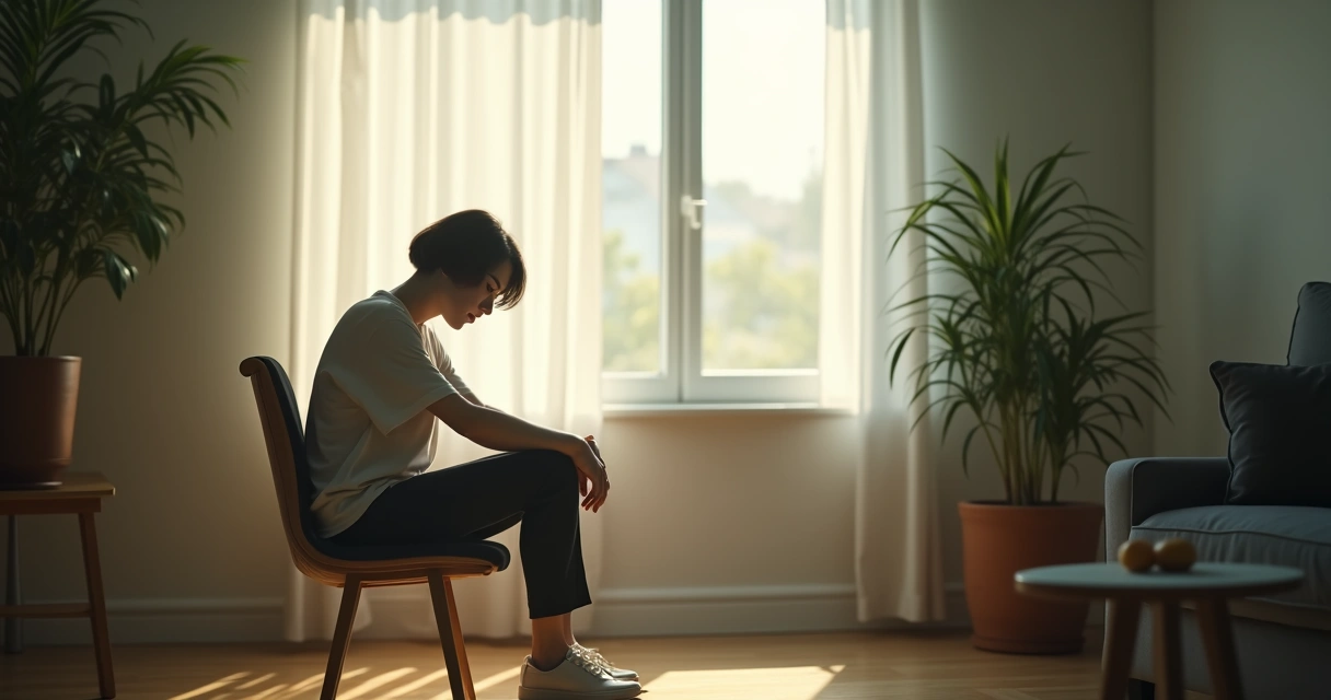 Pessoa sentada em reflexão, luz suave entrando pela janela, ambiente tranquilo 
