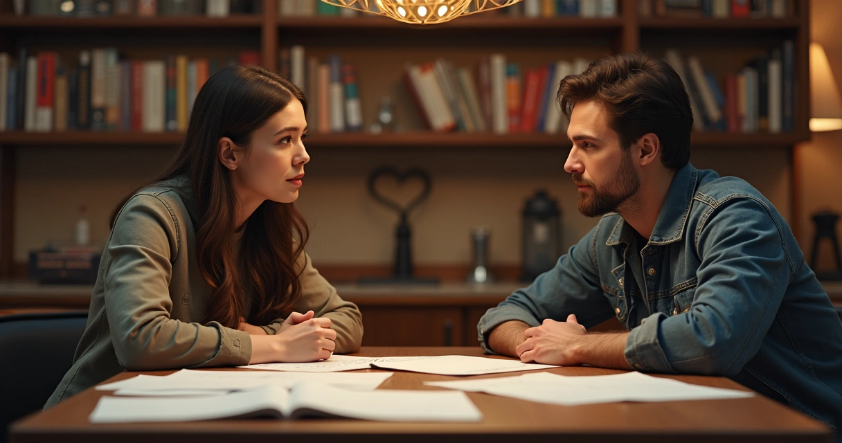 Duas pessoas conversando sinceramente à mesa, expressão reflexiva, com papéis e livros ao redor. 