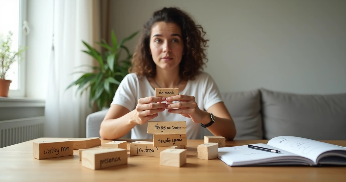 Pessoa refletindo enquanto desfaz blocos com palavras de crenças limitantes em um ambiente calmo 