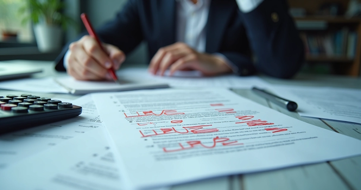 Recebendo contratos com anotações de múltiplos descontos e papéis misturados numa mesa de escritório 