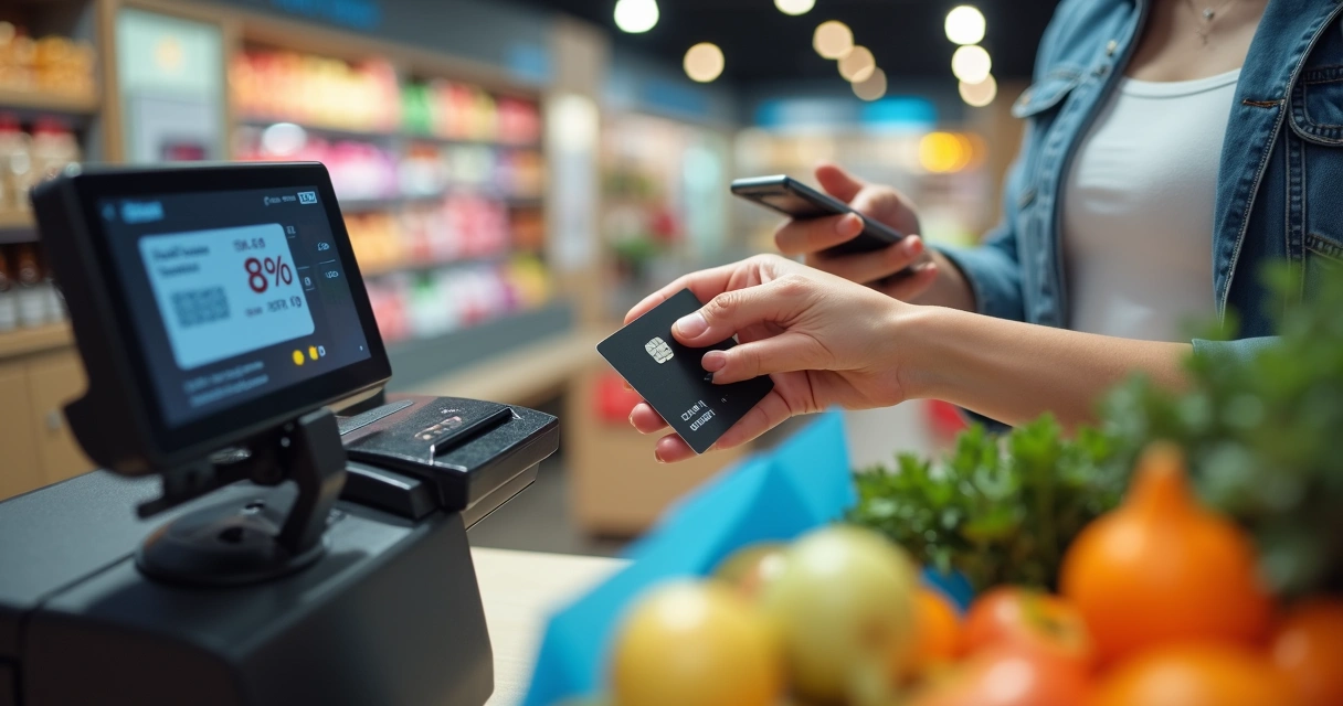 Pessoa usando cartão em maquininha, produtos e descontos evidentes 