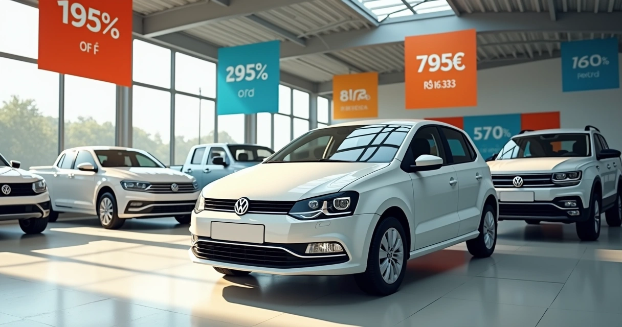 VW Polo Robust em concessionária com faixas de desconto