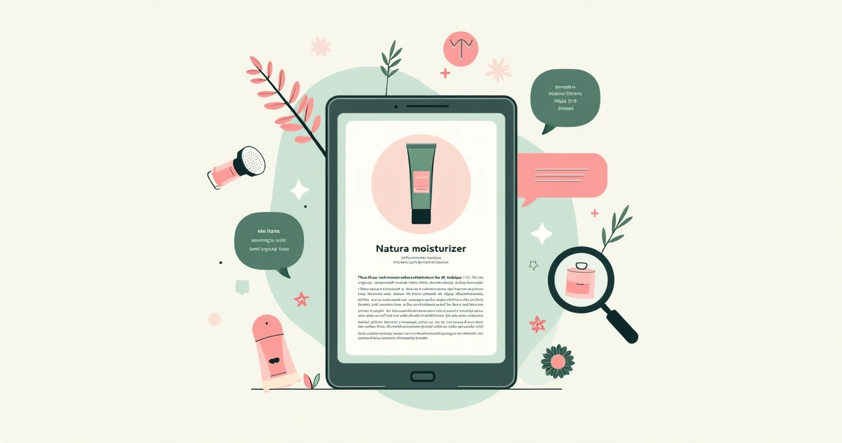 Bloco de texto de descrição de produto Natura com fundo colorido. 