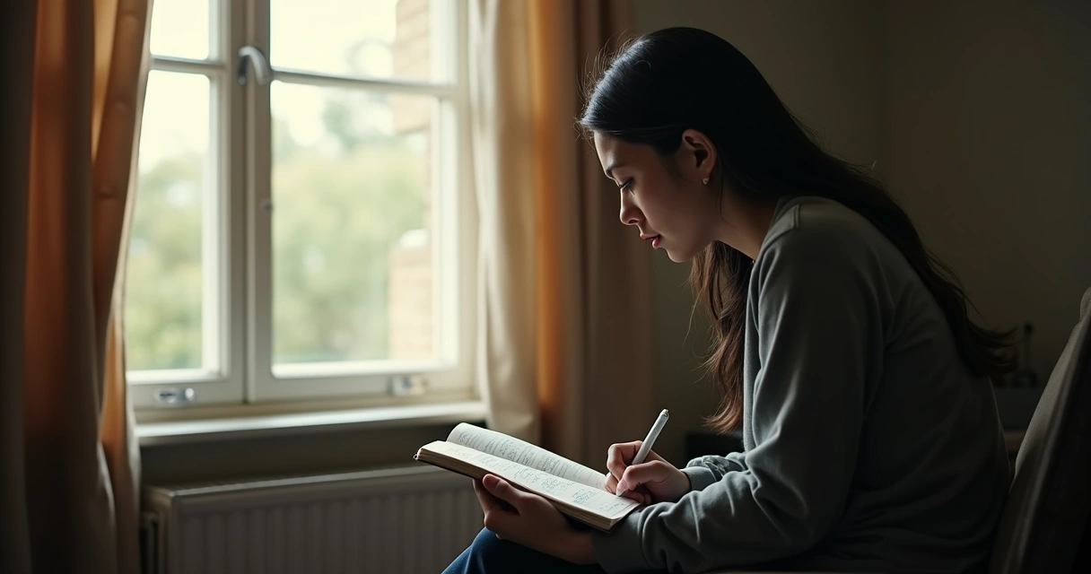 Persona reflexionando en solitario junto a una ventana con luz suave, cuaderno abierto al lado 