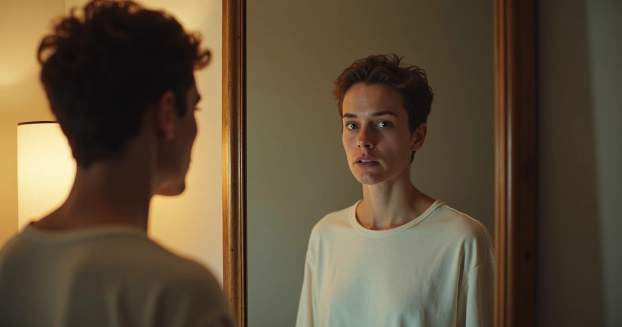 Persona mirando su reflejo en un espejo con expresiones distintas 