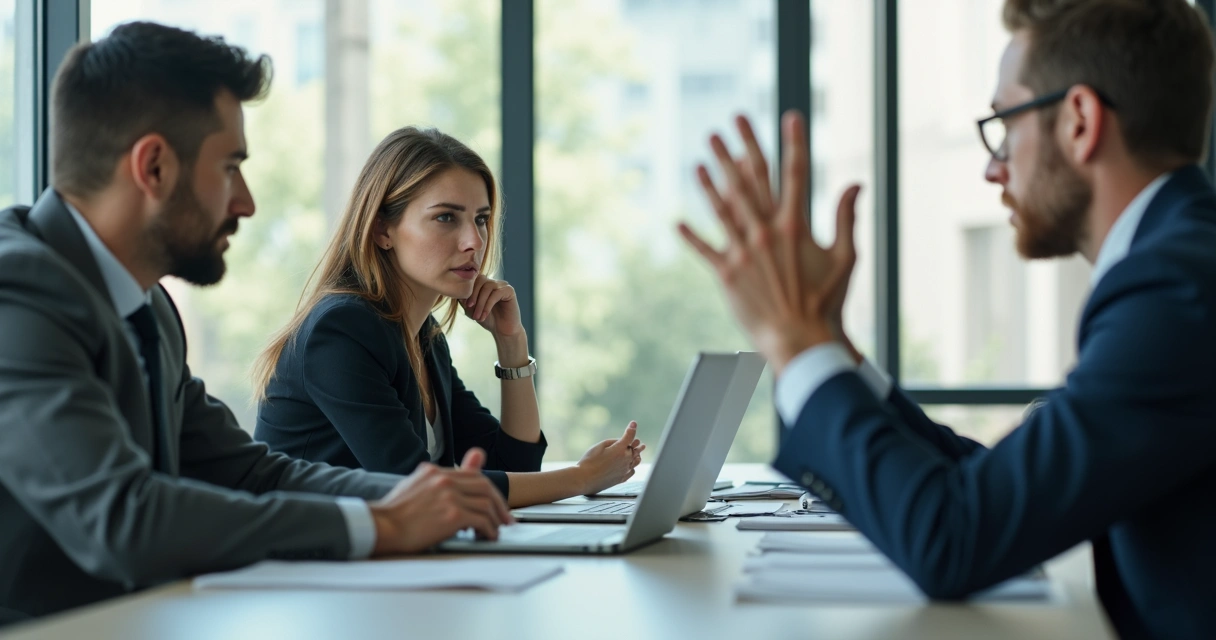 Duas pessoas em uma sala de reunião formal, uma fazendo gesto de desculpas, outra ouvindo atentamente.