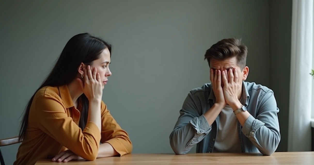 Duas pessoas sentadas à mesa, uma evitando olhar para a outra, expressando desconforto.