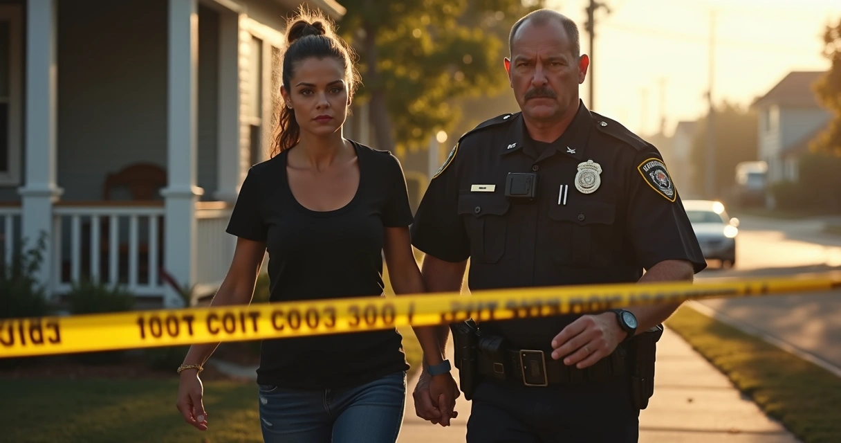 Policial escoltando mulher em frente a casa com fita de isolamento