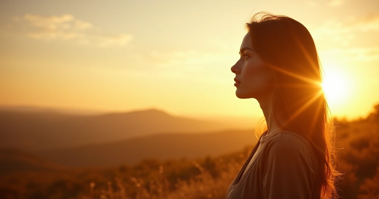 Pessoa de perfil olhando para horizonte com luz suave incidindo sobre ela