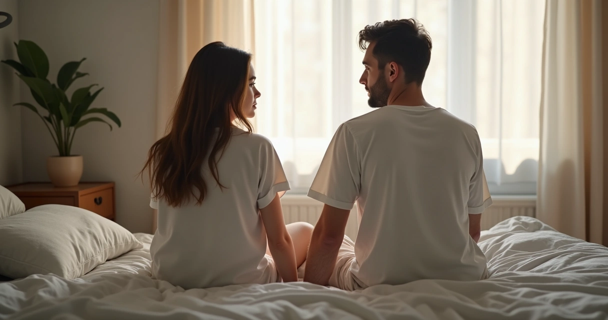 Casal sentado na cama com expressão de preocupação e distância entre eles 