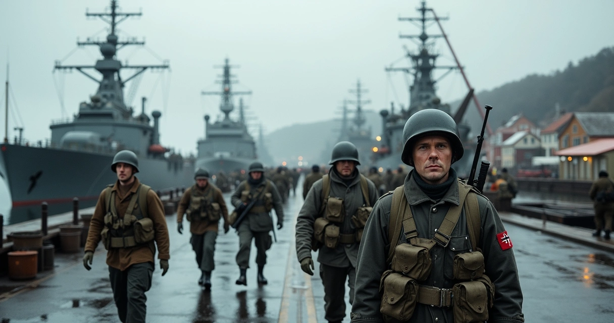 Tropas alemãs desembarcando em porto norueguês