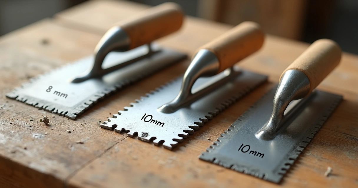 Tipos de desempenadeiras com dentes de 8 mm, 10 mm e 12 mm lado a lado 