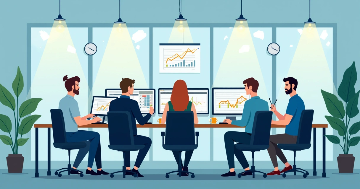 Equipe de webdesigners e agências analisando gráficos de desempenho de sites em vários dispositivos 